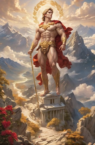 Stunning god Apollo on Mount Olympus,  handsome,  muscular,  Apollo nude,  perfect muscular body,  muscular arms,  muscular chest,  narrow waist,  narrow hips,  (golden wreath on the head),  red stole over the shoulder with gold buckles,  divine,  unearthly,  golden hour,  Mount Olympus,  landscape,  radiant light,  epic,  radiance,  majestic,  clouds,  marble columns,  gold jewelry,  classical art style,  (long shot)::1.1,  high resolution,  mythical landscape,  charming,  mount olympus,  detailed textures,  Olympus camera,  candyseul,  epicsky,  cloud,  Movie Still, 
