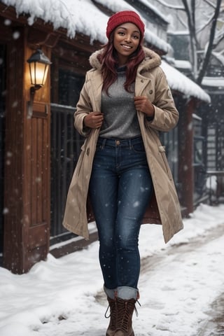 masterpiece, 1 black woman, dark skin, red hair, skinny body,
heavy coat, jeans, boots, wool cap, smiling, standing,
snowing