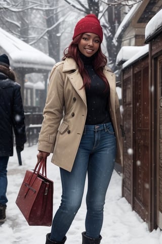 masterpiece, 1 black woman, dark skin, red hair, skinny body,
heavy coat, jeans, boots, wool cap, smiling, standing,
snowing