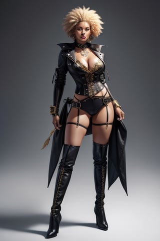 A fierce Albino Afro American female warrior stands tall, her bow-legged stance and flowing partially braided pale hair illuminated by a ray-traced volumetric light. She wears a padded leather outfit and leather thigh-high boots, her SteamPunk style radiating strength and beauty. 