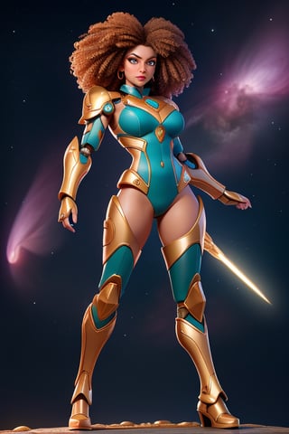 G.Y.R.L.L. stands tall and proud in her green, red and gold full body cyborg battle armor, her full body in frame, her Ample Bosoms barley covered, she is an Afro american Partially Braided Pale albino hair and skin, her muscular  bowed legs, glowing in the static and lightining of the nebula behind her, as she soars through the night sky.