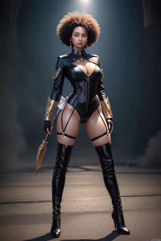 A fierce Albino Afro American female warrior stands tall, her bow-legged stance and flowing partially braided pale hair illuminated by a ray-traced volumetric light. She wears a padded leather outfit and leather thigh-high boots, muscular bowed legs, her SteamPunk style radiating strength and beauty. 