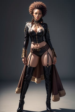 A fierce Albino Afro American female warrior stands tall, her bow-legged stance and flowing partially braided pale hair illuminated by a ray-traced volumetric light. She wears a padded leather outfit and leather thigh-high boots, her SteamPunk style radiating strength and beauty. 