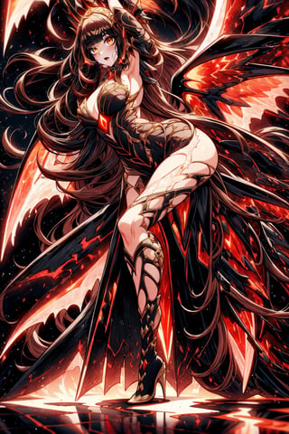 (masterpiece, Best quality, ultra detailed, highres), MagmaTech,  1girl, female imp, (Magma Queen), detailed anatomy, gorgeous, confident, very long wavy black hair, yellow eyes, slit pupils, ((red skin)), bat wings, magma dress, spell blade, dark sky, dynamic angle, interesting pose, dimly lit, full body