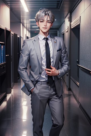 Masterpiece, highest quality, handsome Korean idol, white skin, black and blue short hair, (bangs), (hair a bit messy), evil confident smile, murderous eyes, (blood red eyes), (dark silver gray suit , dark silver gray trousers, dark silver gray tie, white shirt), office corridor
,1 boy