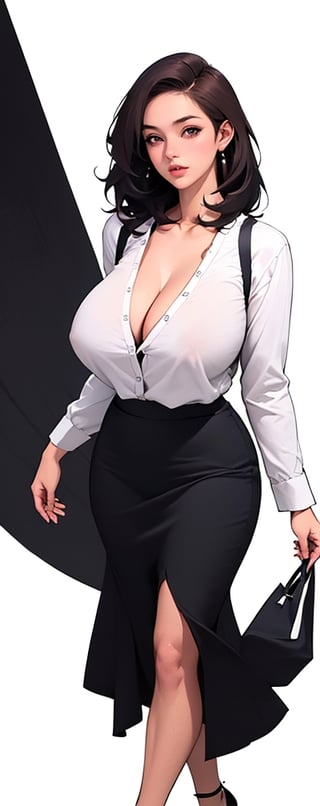 (Masterpiece), (Realistic), (Excellent), (Super detailed), Awesome, beautiful office girl, Korean girl, 28 years old, full body, (wearing white long-sleeved shirt 1.2), blue and black skirt, woman has beautiful big breasts Eyes, light pink lips, slightly parted lips, delicate eye makeup, slightly plump figure, collarbone, big breasts, cleavage, brown hair, high-heeled shoes, walking, (white background), silhouette
