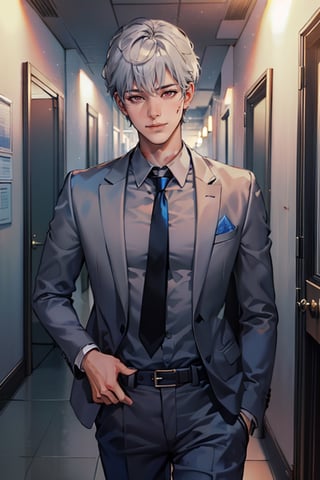 Masterpiece, highest quality, handsome Korean idol, white skin, silver-white short hair, (bangs), (hair a little messy), evil and confident smile, murderous eyes, (blood-red eyes), (dark gray-blue suit, dark gray-blue trousers, dark gray-blue tie, white shirt), office corridor
