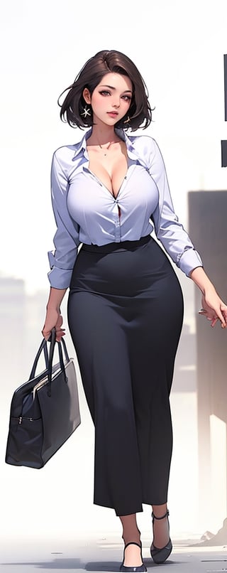 (Masterpiece), (Realistic), (Excellent), (Super detailed), Awesome, beautiful office girl, Korean girl, 28 years old, full body, (wearing white long-sleeved shirt 1.2), blue and black skirt, woman has beautiful big breasts Eyes, light pink lips, slightly parted lips, delicate eye makeup, slightly plump figure, collarbone, big breasts, cleavage, brown hair, high-heeled shoes, walking, (white background), silhouette
