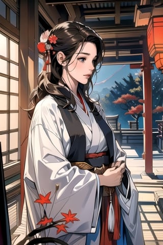 (Super refined), (Illustration), (Extremely refined and beautiful), Fake traditional media, Perfect body, Cowboy shooting, (Perspective), Kyoto style, (Sketch), (Close-up), (Beautiful and detailed girl in Japanese room: 1.47) ,Washitsu,(Solo:1.4),(HD Background,Japanese Garden:1.25),(Stream:0.55),Wooden Bridge,(Movie Lighting,Beautiful Detailed Glow:1.0),(Beautiful Detailed Eyes),Brown Hair , big breasts, ((black cloak)), red kimono, hair flowers, hair accessories, shoulder hair, Japanese clothing, lace kimono, pom pom hair accessories, tassels, wavy hair, glitter, blue sky, (Autumn: 1.1 ), outdoor, (luminous particles: 0.85), maple trees in the distance, epic scene, (stone lantern, bonsai: 1.0), (white sand: 0.85), (rockery: 0.8), (Japanese architecture: 1.1), (Outline deepening: 1.1), (Flying fallen leaves), (Mottled sunlight shining on her: 1.25), (Tyndale effect: 1.1), (Clouds retain background: 1.1), (Depth of field), Highlight