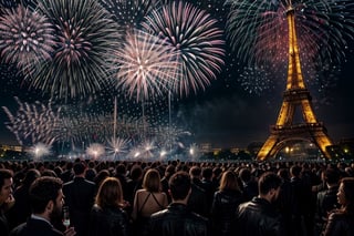 (masterpiece), best quality, realistic, hyperrealism, delicate, sensual, (new years party), eiffel tower,(crowded party:1.2), night time, (ethereal fireworks:1.3), photorealistic