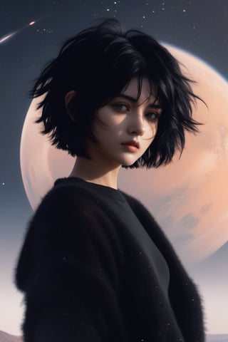 xxmix_girl,1girl,fluffy short hair,dark theme,black hair,messy hair, (nude:1.3), film grain,fog,black thememTyndall, (planet (mars:1.2) background)