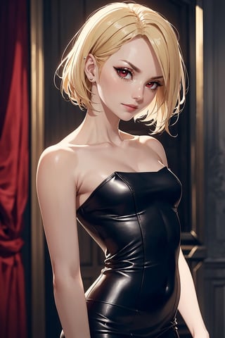 (masterpiece, best quality: 1.4), (1girl, solo), (a stand woman: 1.4), (pale skin), texture skin, (perfect face, expressive eyes, red
eyes, eyeliner), gorgeous, (blonde hair cut in layers with fringe), (small bust), ((black leather dress with strapless)), (perfect body), soft skin, night background, ((serious face with low smile)), cowboy shot, blurry_background, ((looking to the side))