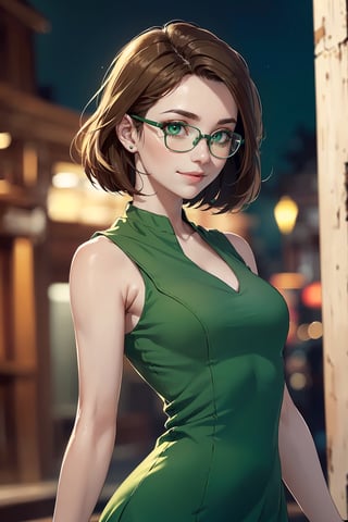 (masterpiece, best quality: 1.4), (1woman, solo), (a stand woman: 1.4), (pale skin), texture skin, (perfect face, expressive eyes, green
eyes, eyeliner), gorgeous, (layer cut brown hair with glasses), (mid bust), ((green dress with sleeveless)), (perfect body), soft skin, night background, ((cute face with low smile)), cowboy shot, blurry_background, ((looking to the side))