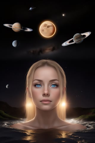 A galactic scene with the entire solar system, with a waterfall directly from the Sun, flooding the entire solar system and all the planets are navigate the Sun in their respective orbits. and behind the beautiful face of a woman with blue eyes moon looking the universe, and shes neck is mix with the water