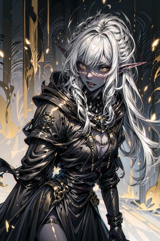 Dark Elf, dark grey skin, fully_clothed, completely white eyes, black and gold robes, black clothes, white pupils, dark skin, vicious
,drow, sexy, evil, darkened skin, animal_eyes, thin pupils