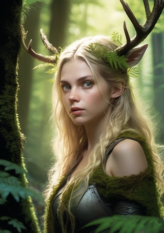 xxmix_girl, detailed body, detailed eyes, blonde hair, portrait, a woman wandering through a dense woodland, where towering trees, centuries old, create a natural cathedral overhead. Moss-covered stones and ferns carpet the ground, and hidden streams murmur their ageless songs. Her blonde hair contrasts with the deep greens surrounding her, and her eyes, full of wonder and depth, capture the fleeting light filtering through the canopy, reflecting the myriad of secrets this primeval forest holds. As she pauses, a deer cautiously approaches, their gazes meeting in a moment of shared serenity.




