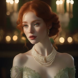 Highest Quality, 4k, masterpiece, Amazing Details:1.1, a striking redhead, porcelain skin with faint freckles, captivating green eyes framed by long, dark lashes, lips painted a deep shade of burgundy, donning a sheer, gold-threaded lace gown that hugs her figure, Shallow Depth of Field, E671, lens 50mm f/2.0, photorealistic, RAW Photo, a string of pearls draped gracefully around her neck, standing in a grand, dimly lit ballroom with crystal chandeliers, her gaze piercing yet inviting, the soft glow of candlelight casting ethereal shadows, essence of vintage glamour and modern sensuality combined.
xxmix girl