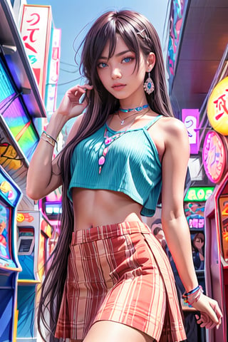 Soft brown hair decorated with tiny pastel-colored hairpins, deep hazel eyes, and artistic eyeshadow. Wearing a bohemian skirt and a trendy crop top. In a Japanese arcade, completely focused on a rhythm game, sexy