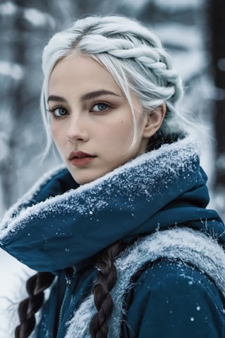 Arctic explorer woman, frostbitten skin, icicle-white braided hair. Eyes, glacial blue depths, witnessing polar mysteries. Lips, chilled berry, narrating tales of the cold. xxmix_girl, detailed eyes