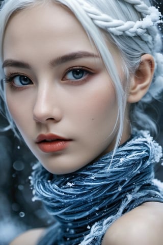 Arctic explorer woman, frostbitten skin, icicle-white braided hair. Eyes, glacial blue depths, witnessing polar mysteries. Lips, chilled berry, narrating tales of the cold. xxmix_girl, detailed eyes