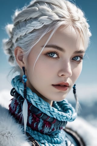 Arctic explorer woman, frostbitten skin, icicle-white braided hair. Eyes, glacial blue depths, witnessing polar mysteries. Lips, chilled berry, narrating tales of the cold. xxmix_girl, detailed eyes