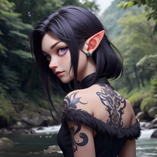 white_hair, purple_eyes , elf, forest river background, black dress, bare_shoulder, face tatoo circling the left eye