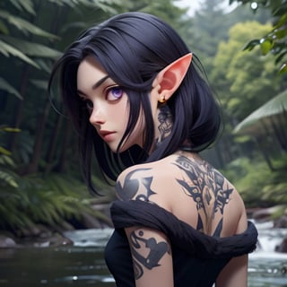 very long white_hair, purple_eyes , elf, forest river background, black dress, bare_shoulder, face tatoo circling the left eye