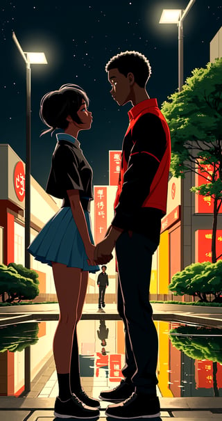 (((black boy))), (((asian girl))), teens, in love, park, night time, street light, pond