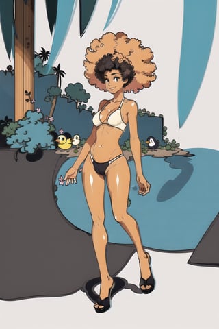 1girl, (((afro.1.3))), black skin:1.3, light brown skin:1.4, skirt, white_bikini_top, barefeet, jungle, happy, birds, water, splash, plants, foliage, vegetation, agawa, orange hair color, slender, toned legs, hourglass_figure, shiny skin, 22 years old