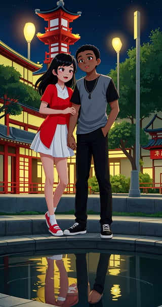 (((black boy))), (((asian girl))), teens, in love, park, night time, street light, pond