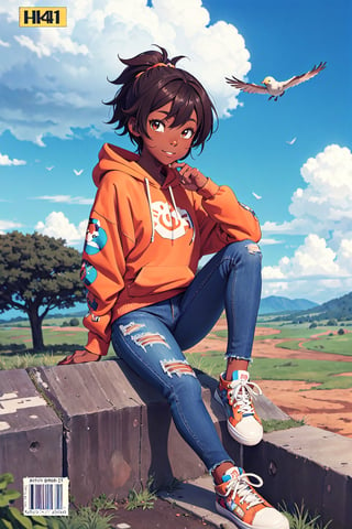 1 brown girl, african american, sitting and watching the clouds above her, view from below, wearing colorful hoodie and ripped skinny jeans with hi-top shoes. beautiful scenery, digital details,  anime style, cute, cartoon style, playful, magic particles, friendly, chibi, 4k quality, digital, beauty, toned athletic body, cinematic, (magazine cover, english-text1.3), comic book cover, birds in the sky, country scene, peace and calmness