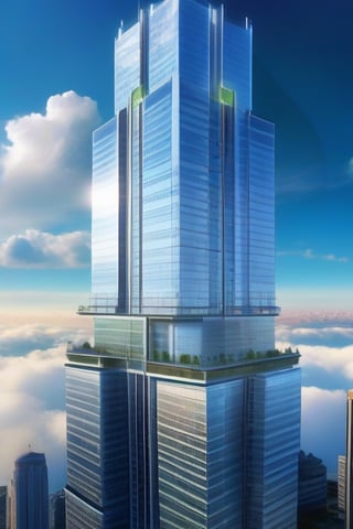 great quality, super image quality, great construction, skyscraper, great lighting, touching the clouds, majestic building, in the center of a city, blue sky, people and cars down below, view from top to bottom, perfect lines, realistic creation, colorful and vibrant image.  