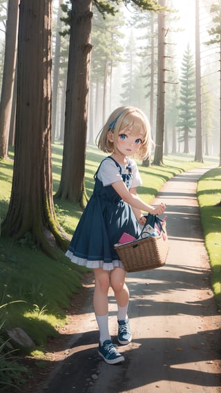 A litte kid girl loli 7yo with blonde hair and blue eyes bends over to pick up a pair of shoes. She wears a short pink and blue dress, white socks, and brown shoes. She is in a forest setting with grass and trees in the background.