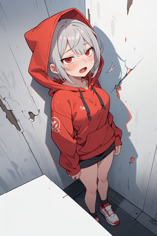 1girl, solo, red_hoodie, hood, red_eyes, open_mouth, hoodie, crack, hood_down, cracked_wall, short_hair, through_wall, stuck, long_sleeves, breasts, blush, grey_hair