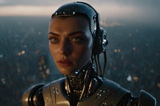 "Create an image that is incredibly sharp, in 8K resolution, with lifelike iron texture, girl head bionic, immaculate robot details. The robot is facing away from the camera, standing atop a tall building, overlooking an advanced city. The sky is dark, illuminated by the city's bright lights, and heavy rain is pouring down.",Movie Still