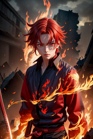 character sheet, phoenix in background, dark skin, red_hair, short hair, red eyes, held red and dark blue, flaming  katana, in a destroyed old city, perfect face, perfect eyes, 3D anime style, beautiful, boy, ultra detailed, power aura, dynamic pose, dynamic view, beautiful, 