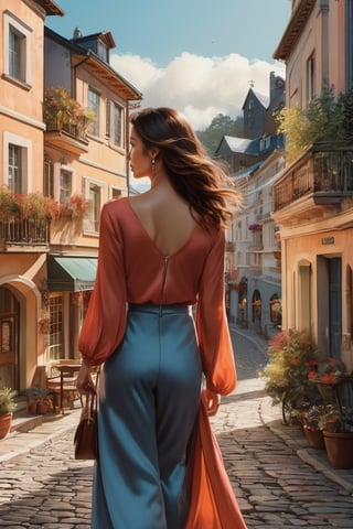 (detailed) (illustration) portraying a (beautiful woman) walking in a (picturesque town), (fine lines and detailing), (cityscape illustration by a talented artist), (authenticity in art), (urban charm), (graceful stride), (captivating presence), (timeless beauty), (urban exploration)