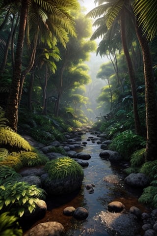 An enchanting photorealistic image of a lush green jungle teeming with life. It features vibrant flowers, towering trees with an abundance of leaves, and a crystal-clear stream running through the heart of this verdant paradise. The camera lens captures every intricate detail, using a 135mm lens to provide a medium shot. The lighting is dappled with natural sunlight, creating an immersive play of light and shadow. The resolution should be at least 4K to ensure an incredibly detailed and lifelike portrayal