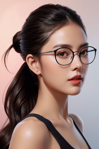 (digital painting) (portrait art) depicting a (beautiful woman) with (round glasses), (ponytail hairstyle), and a (seductive allure), (meticulous digital artwork), (captivating and alluring), (digital art by a skilled artist), (sophisticated charm), (intense gaze), (effortless beauty), (timeless and alluring portrait)