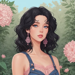 Illustration of 25 year old woman with earrings, wavy black hair, Detailed eyes, pink lacy top and short denim shorts, she is in a garden, Digital illustration style, Cartoon style illustration, beautiful art style, trendy art, illustration beautiful digital, beautiful digital art, cartoon art style, cute detailed digital art, exquisite digital illustration, cute cartoon style, awesome art style, vector art style, digital anime illustration, 2d illustration