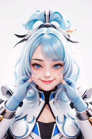 Highly detailed, High Quality, Masterpiece, beautiful, 1girlPinchingPOV, pov, Kobo Kanaeru vtuber hololive, cheek pull, a close up of a person with blue hair, a character portrait, trending on pixiv, auto-destructive art, kantai collection arcade, glossy white armor, vivid color.digital 2d, white hime cut hairstyle, uhd character details, friedly smile, upper body, blush, happy, ^_^, closed mouth, ,kobobot