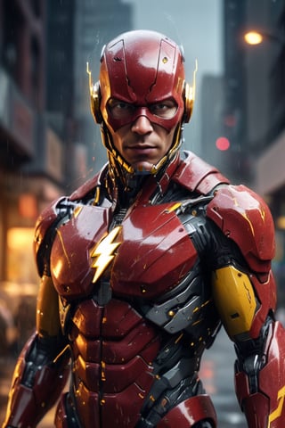 A detailed, realistic digital painting of Cyborg Flash in the style of Zack Snyder. He is running through a group of criminals in Central City at night, the only light coming from the lightning and his cybernetic eyes. Flash's suit is red and yellow, and he has cybernetic parts, and he is wearing a lightning bolt mask. The image is post-processed with color grading, film grain, lightning effects, and rain effects. mech armor, cyborg style 

