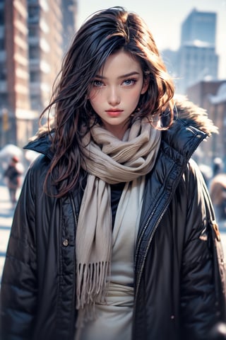 low quality photo, film grain, blur, A woman wrapped in a cream-colored scarf, with a black coat draped over her shoulders. Her gaze is pensive, her black hair tousled by the wind, bare face, against an urban backdrop, sunlit face