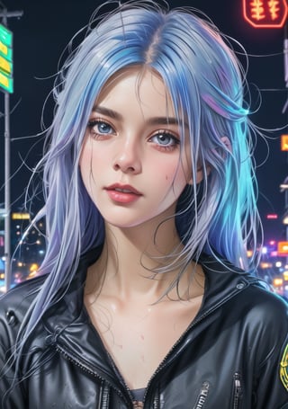 (high detailed face),1 girl , detailed eyes, (ultra Max high quality 1.2), (high_resolution 4k), (high detailed face), high-res CG textures.,detailed eye brows, white hair,full body,  Amidst the neon-lit streets of a cyberpunk cityscape, a street vendor sells holographic fruits from a futuristic cart. The reflection of towering skyscrapers is visible on the wet pavement. (masterpiece 1.2), (ultra Max high quality 1.2), (high_resolution 4k), (high detailed face), 
,Leonardo Style,3d style,bingnvwang,dfdd,glow,cyborg style,blue hair,1 girl,zero two,3DMM,Detailedface