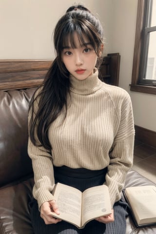 1girl, solo, long hair, looking at viewer, bangs, black hair, long sleeves, holding, brown eyes, sitting, ponytail, indoors, sweater, lips, book, turtleneck, ribbed sweater, holding book, open book, turtleneck sweater, realistic, reading, tatami, black sweater