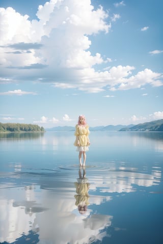  1 adult women with yellow dress standing between clouds with pink shade , clouds are floating on water , women standing on water clouds besides her , top_view  , her reflection in water,nodf_lora