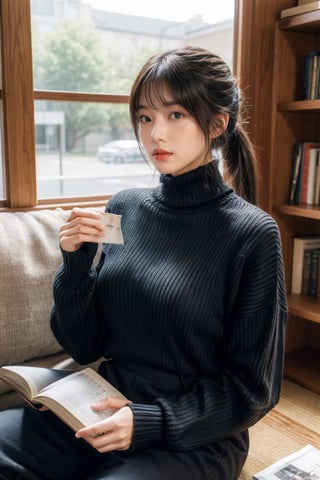 1girl, solo, long hair, looking at viewer, bangs, black hair, long sleeves, holding, brown eyes, sitting, ponytail, indoors, sweater, lips, book, turtleneck, ribbed sweater, holding book, open book, turtleneck sweater, realistic, reading, tatami, black sweater