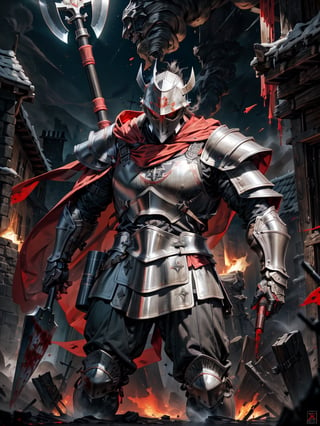 extra detailed, detailed anatomy, realistic, templar knight, helmet, red cape, full armor, holding a combat axe, (dark armor), battlefield, standing, imposing, blood stains, ((night)), black smoke, color low saturation, fire, medieval age,weapon,no_humans, heavy armor, devasted land