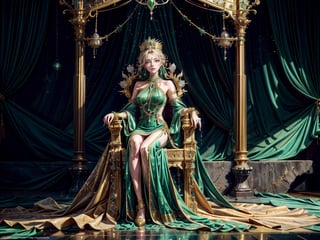 extra detailed, 1 girl, empress, throne room, background plants, golden floors, crown, fancy clothes, dazzling aura, emerald dress, golden jewelry, emeralds, water fountains, plants, detailed anatomy, detailed face, detailed eyes,perfecteyes,