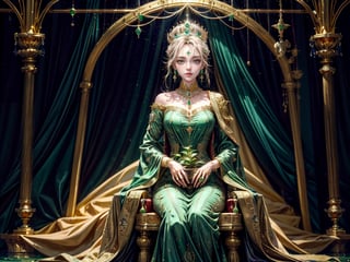 extra detailed, 1 girl, empress, throne room, background plants, golden floors, crown, fancy clothes, dazzling aura, emerald dress, golden jewelry, emeralds, water fountains, plants, detailed anatomy, detailed face, detailed eyes,perfecteyes,